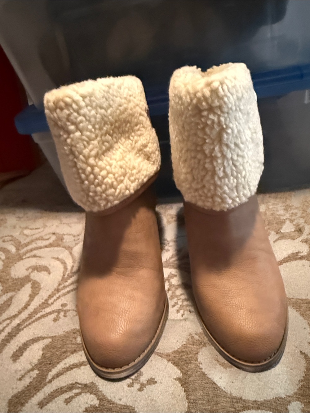 Shoe Dazzle Tan Fold-Over Faux-Shearling Ankle Booties